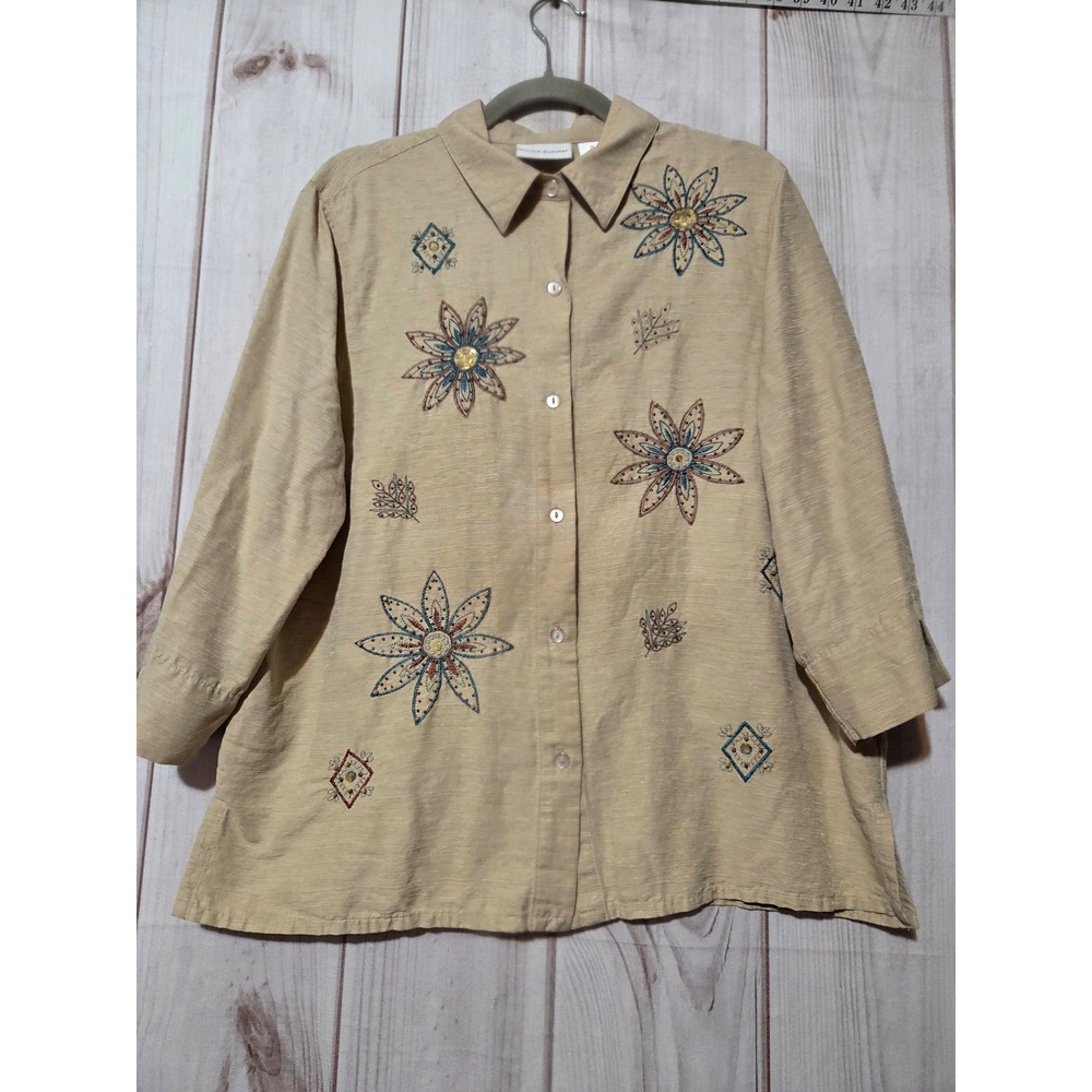 Alfred Dunner Womens Tan 100% Silk Embroidered Floral Beaded Blouse Size 16